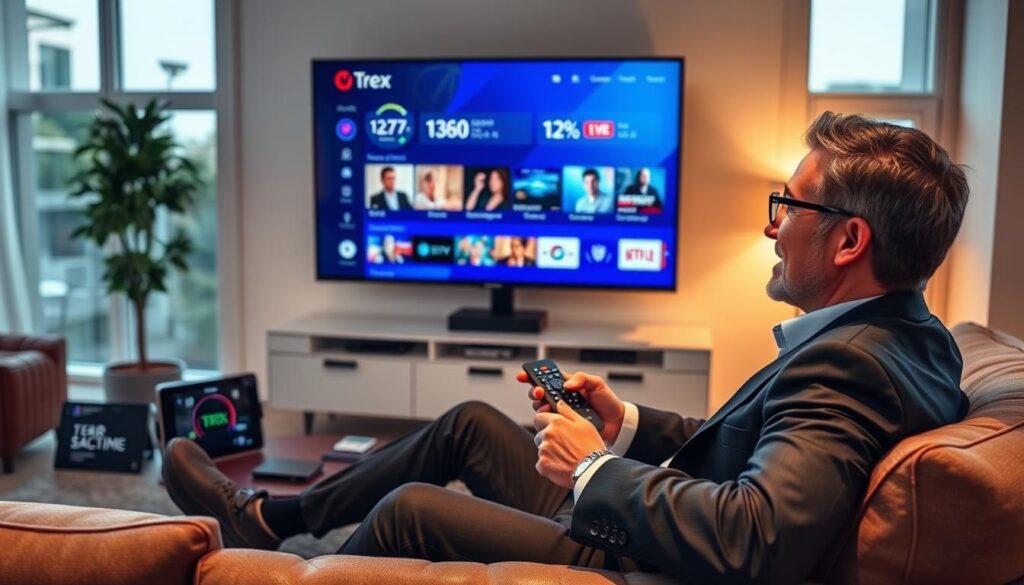 A modern living room setup showcasing a large flat-screen TV displaying the Trex IPTV interface. In the foreground, an adult in professional business attire sits comfortably on a stylish couch, holding a sleek remote control, with an engaged expression as they browse through channels. The middle ground features a well-organized entertainment center filled with streaming devices and a digital tablet displaying technical performance metrics, such as speed and connectivity icons. The background is softly illuminated by warm ambient lighting, giving a cozy atmosphere, while large windows let in natural light, enhancing the homey feel. The overall mood is one of satisfaction and convenience, highlighting a seamless streaming experience. A modern living room setup showcasing a large flat-screen TV displaying the Trex IPTV interface. In the foreground, an adult in professional business attire sits comfortably on a stylish couch, holding a sleek remote control, with an engaged expression as they browse through channels. The middle ground features a well-organized entertainment center filled with streaming devices and a digital tablet displaying technical performance metrics, such as speed and connectivity icons. The background is softly illuminated by warm ambient lighting, giving a cozy atmosphere, while large windows let in natural light, enhancing the homey feel. The overall mood is one of satisfaction and convenience, highlighting a seamless streaming experience.