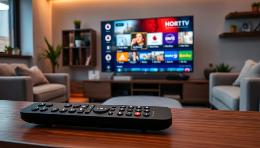 A modern living room setup showcasing a sleek Vodafone TV device on a stylish media console. In the foreground, include a close-up of the TV remote control, with buttons highlighted for clarity. The middle layer features a large, flat-screen LED TV displaying the Vodafone TV interface, with colorful icons representing various streaming channels. The background consists of comfortable furniture, such as a cozy sofa and decorative elements like plants and shelves. Soft, warm lighting illuminates the room, creating an inviting atmosphere. Capture the image from a slightly elevated angle to emphasize the TV and remote in focus, while the overall mood reflects a sense of ease and convenience associated with setting up IPTV. A modern living room setup showcasing a sleek Vodafone TV device on a stylish media console. In the foreground, include a close-up of the TV remote control, with buttons highlighted for clarity. The middle layer features a large, flat-screen LED TV displaying the Vodafone TV interface, with colorful icons representing various streaming channels. The background consists of comfortable furniture, such as a cozy sofa and decorative elements like plants and shelves. Soft, warm lighting illuminates the room, creating an inviting atmosphere. Capture the image from a slightly elevated angle to emphasize the TV and remote in focus, while the overall mood reflects a sense of ease and convenience associated with setting up IPTV.