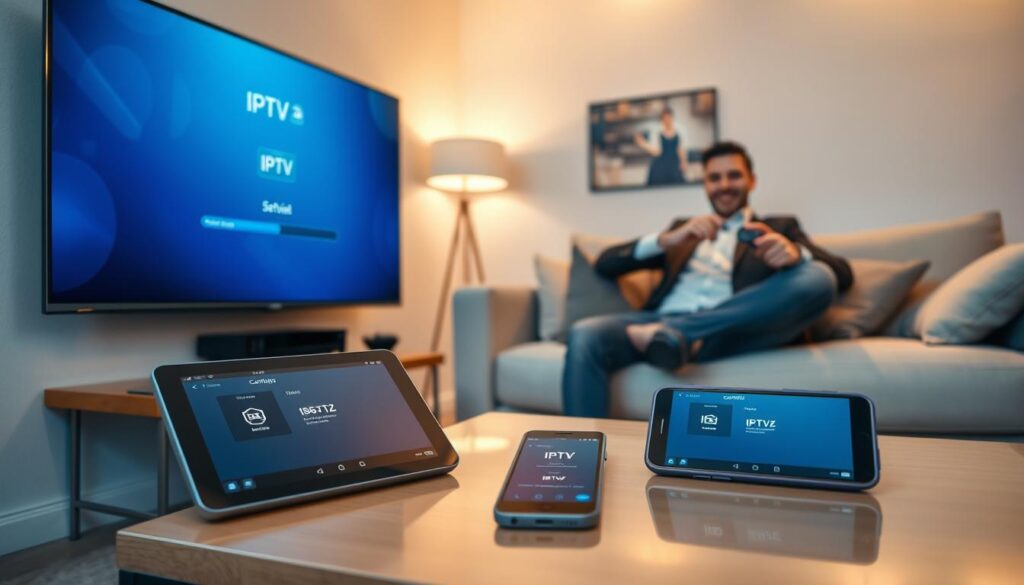 A modern living room setup showcasing a variety of devices suitable for IPTV service installation. In the foreground, a sleek smart TV is mounted on the wall, displaying a user-friendly interface for IPTV streaming. Beside it, a tablet and smartphone lay on a stylish coffee table, both showing the setup process. In the middle, a person is seated comfortably on a sofa, wearing smart casual attire, actively configuring the device with a remote control. The background features a cozy, well-lit room with soft ambient lighting, enhancing a relaxed yet tech-savvy atmosphere. The angle captures the warmth of the space, emphasizing the seamless integration of technology into everyday life.