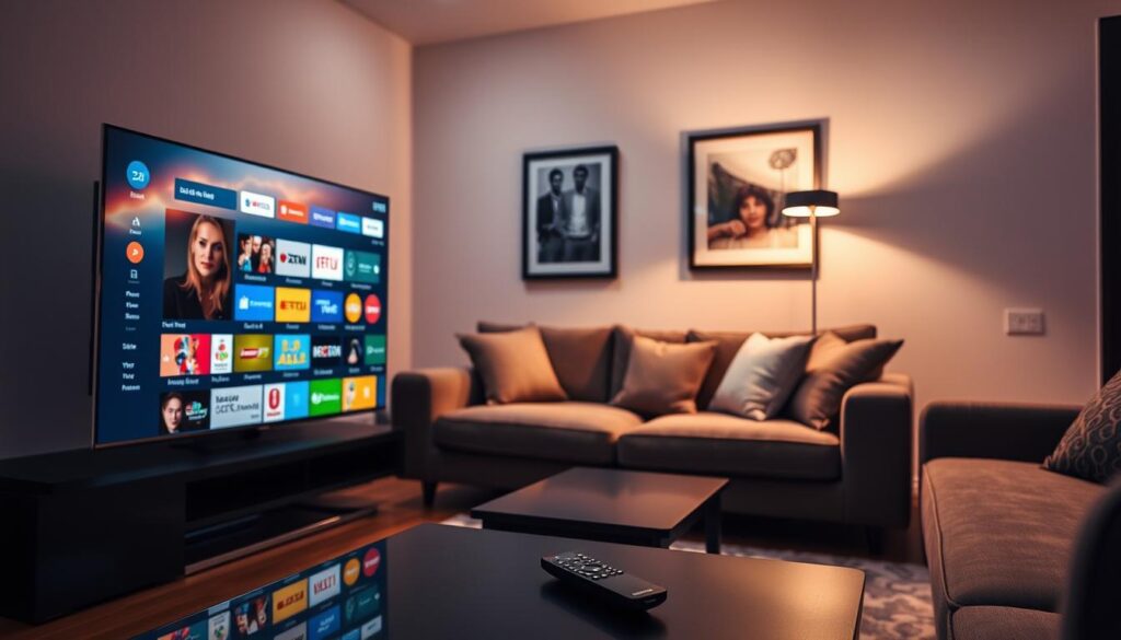 A modern living room showcasing the "Smarters IPTV Pro Streaming Experience." In the foreground, a sleek flat-screen television displays vibrant, colorful menus and channel listings from the app, with a remote control on a stylish coffee table. In the middle layer, a comfortable sofa with cushions invites viewers to enjoy a relaxed streaming session. Soft lighting from a stylish floor lamp creates a warm and welcoming atmosphere, emphasizing the cutting-edge technology. In the background, a tastefully decorated wall features framed art that hints at an Irish theme. The scene is shot from a slightly elevated angle, providing a comprehensive view of the room's layout, conveying ease of use and a premium streaming environment, perfect for Irish viewers seeking entertainment. A modern living room showcasing the "Smarters IPTV Pro Streaming Experience." In the foreground, a sleek flat-screen television displays vibrant, colorful menus and channel listings from the app, with a remote control on a stylish coffee table. In the middle layer, a comfortable sofa with cushions invites viewers to enjoy a relaxed streaming session. Soft lighting from a stylish floor lamp creates a warm and welcoming atmosphere, emphasizing the cutting-edge technology. In the background, a tastefully decorated wall features framed art that hints at an Irish theme. The scene is shot from a slightly elevated angle, providing a comprehensive view of the room's layout, conveying ease of use and a premium streaming environment, perfect for Irish viewers seeking entertainment.