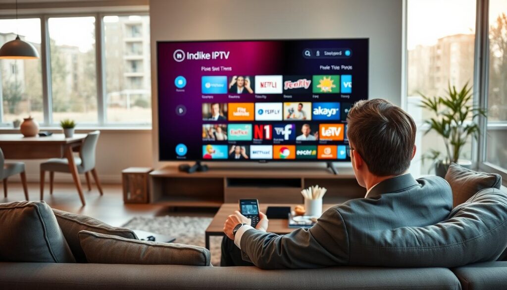 A modern living room with a high-definition television showcasing a vibrant IPTV interface, depicting a variety of channels and streaming options relevant to the Irish market. In the foreground, a professional business person in smart casual attire sits on a stylish sofa, actively engaging with a sleek remote control, focusing on the screen. The middle section features a contemporary coffee table with tech gadgets and snacks, creating a comfortable viewing environment. The background reveals a well-lit room with large windows, allowing natural light to stream in, casting warm hues across the space. The atmosphere conveys a sense of enjoyment and convenience, capturing the essence of an optimized IPTV experience in Ireland. Emphasize soft, inviting lighting to enhance the mood. A modern living room with a high-definition television showcasing a vibrant IPTV interface, depicting a variety of channels and streaming options relevant to the Irish market. In the foreground, a professional business person in smart casual attire sits on a stylish sofa, actively engaging with a sleek remote control, focusing on the screen. The middle section features a contemporary coffee table with tech gadgets and snacks, creating a comfortable viewing environment. The background reveals a well-lit room with large windows, allowing natural light to stream in, casting warm hues across the space. The atmosphere conveys a sense of enjoyment and convenience, capturing the essence of an optimized IPTV experience in Ireland. Emphasize soft, inviting lighting to enhance the mood.