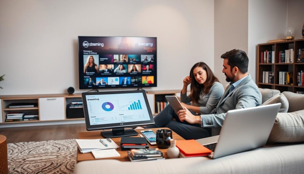 A modern living room with a large flat-screen TV displaying a streaming service interface. In the foreground, a professional dressed man and woman, seated comfortably on a stylish sofa, are engaged in serious discussion, reviewing a tablet showing analytics of streaming quality and content availability charts. The middle ground features a coffee table cluttered with notes and a laptop, emphasizing a tech-savvy environment. The background contains shelves of DVDs and a bookshelf with various media, suggesting a wide range of content. Soft ambient lighting creates a cozy, inviting atmosphere. The scene is captured from a slight angle, highlighting the engaged expressions of the individuals while ensuring a sense of focus on the streaming interface. A modern living room with a large flat-screen TV displaying a streaming service interface. In the foreground, a professional dressed man and woman, seated comfortably on a stylish sofa, are engaged in serious discussion, reviewing a tablet showing analytics of streaming quality and content availability charts. The middle ground features a coffee table cluttered with notes and a laptop, emphasizing a tech-savvy environment. The background contains shelves of DVDs and a bookshelf with various media, suggesting a wide range of content. Soft ambient lighting creates a cozy, inviting atmosphere. The scene is captured from a slight angle, highlighting the engaged expressions of the individuals while ensuring a sense of focus on the streaming interface.
