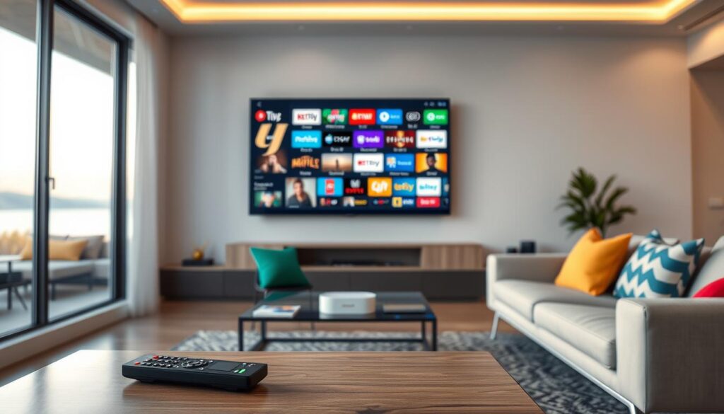 A modern living room with a sleek, minimalist design, featuring a large flat-screen TV prominently displaying a vibrant array of channel options. In the foreground, a remote control rests on a stylish coffee table, surrounded by a few tech gadgets. The middle ground includes a cozy couch with colorful throw pillows, inviting viewers to relax while binge-watching shows. Soft ambient lighting creates a warm atmosphere, enhancing the inviting vibe. The background showcases a large window revealing a peaceful outdoor scene, suggesting a tranquil setting to enjoy streaming entertainment. The image should convey a sense of comfort and modern technology, focusing on the quality experience of diverse streaming channels. A modern living room with a sleek, minimalist design, featuring a large flat-screen TV prominently displaying a vibrant array of channel options. In the foreground, a remote control rests on a stylish coffee table, surrounded by a few tech gadgets. The middle ground includes a cozy couch with colorful throw pillows, inviting viewers to relax while binge-watching shows. Soft ambient lighting creates a warm atmosphere, enhancing the inviting vibe. The background showcases a large window revealing a peaceful outdoor scene, suggesting a tranquil setting to enjoy streaming entertainment. The image should convey a sense of comfort and modern technology, focusing on the quality experience of diverse streaming channels.