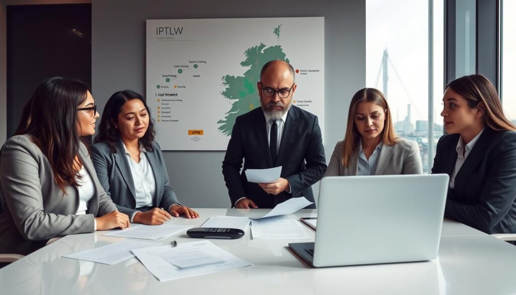 A modern office setting in Ireland, depicting a professional discussion on IPTV legal considerations. In the foreground, a diverse group of three professionals, dressed in business attire, are gathered around a sleek table, examining legal documents and a laptop displaying a VPN interface. The middle layer includes a large wall map of Ireland with highlighted regions, showcasing areas of IPTV interest. The background features a window with a view of Dublin’s skyline under soft, natural lighting that creates a productive atmosphere. The overall mood is serious and focused, emphasizing the necessity of understanding legal issues and the importance of using a VPN for secure streaming. Capture this with a balanced composition and an engaging perspective. A modern office setting in Ireland, depicting a professional discussion on IPTV legal considerations. In the foreground, a diverse group of three professionals, dressed in business attire, are gathered around a sleek table, examining legal documents and a laptop displaying a VPN interface. The middle layer includes a large wall map of Ireland with highlighted regions, showcasing areas of IPTV interest. The background features a window with a view of Dublin’s skyline under soft, natural lighting that creates a productive atmosphere. The overall mood is serious and focused, emphasizing the necessity of understanding legal issues and the importance of using a VPN for secure streaming. Capture this with a balanced composition and an engaging perspective.