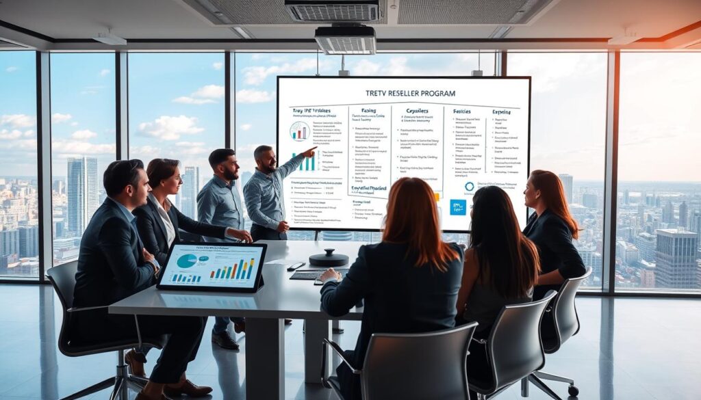A modern office setting showcasing a Trex IPTV reseller program overview. In the foreground, a diverse group of professionals in business attire engaging in a brainstorming session around a sleek conference table. One person points at a digital tablet showing graphs and charts related to IPTV services and market trends. In the middle ground, a large whiteboard filled with strategic plans and key selling points for resellers, illuminated by soft overhead lighting. The background features a large window with a view of a city skyline under a bright blue sky, creating an optimistic and energetic atmosphere. The image conveys professionalism, collaboration, and business opportunities in the IPTV market, focusing on teamwork and innovation within the telecommunications sector. A modern office setting showcasing a Trex IPTV reseller program overview. In the foreground, a diverse group of professionals in business attire engaging in a brainstorming session around a sleek conference table. One person points at a digital tablet showing graphs and charts related to IPTV services and market trends. In the middle ground, a large whiteboard filled with strategic plans and key selling points for resellers, illuminated by soft overhead lighting. The background features a large window with a view of a city skyline under a bright blue sky, creating an optimistic and energetic atmosphere. The image conveys professionalism, collaboration, and business opportunities in the IPTV market, focusing on teamwork and innovation within the telecommunications sector.