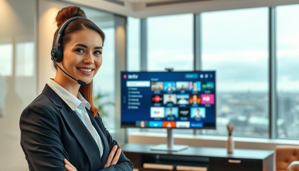 A modern, professional office setting showcasing the concept of support and reliability in IPTV services. In the foreground, a confident customer service representative wearing business attire is engaged in a conversation on a headset, exuding warmth and professionalism. The middle of the image features a sleek computer monitor displaying a vibrant IPTV interface with various channels, symbolizing high-quality service. The background consists of a contemporary office design with soft, diffused lighting creating a welcoming atmosphere. Large windows reveal a view of Dublin's skyline, subtly indicating the service's connection to Ireland. The overall mood is one of trust and dependability, emphasizing customer support and reliability in technology. A modern, professional office setting showcasing the concept of support and reliability in IPTV services. In the foreground, a confident customer service representative wearing business attire is engaged in a conversation on a headset, exuding warmth and professionalism. The middle of the image features a sleek computer monitor displaying a vibrant IPTV interface with various channels, symbolizing high-quality service. The background consists of a contemporary office design with soft, diffused lighting creating a welcoming atmosphere. Large windows reveal a view of Dublin's skyline, subtly indicating the service's connection to Ireland. The overall mood is one of trust and dependability, emphasizing customer support and reliability in technology.