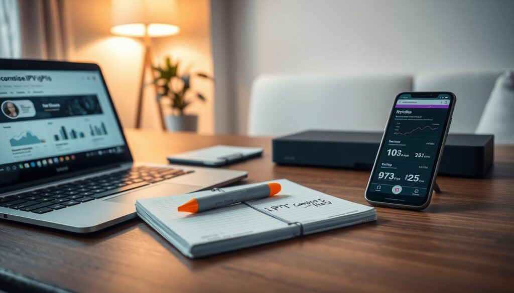 A modern, professional workspace showcasing various tools and materials for selecting a reliable IPTV provider. In the foreground, a laptop open to a forum discussing IPTV options with detailed charts and ratings visible on the screen. Beside it, a smartphone displays a comparison app for IPTV services. In the middle, a neatly arranged notepad with handwritten tips and a highlighter rests on a wooden desk, reflecting organization and preparation. The background features a softly lit room with a potted plant, creating a calm atmosphere. The lighting is warm and inviting, emphasizing productivity and focus. The overall mood conveys mindfulness and discretion in making informed decisions about IPTV services. A modern, professional workspace showcasing various tools and materials for selecting a reliable IPTV provider. In the foreground, a laptop open to a forum discussing IPTV options with detailed charts and ratings visible on the screen. Beside it, a smartphone displays a comparison app for IPTV services. In the middle, a neatly arranged notepad with handwritten tips and a highlighter rests on a wooden desk, reflecting organization and preparation. The background features a softly lit room with a potted plant, creating a calm atmosphere. The lighting is warm and inviting, emphasizing productivity and focus. The overall mood conveys mindfulness and discretion in making informed decisions about IPTV services.