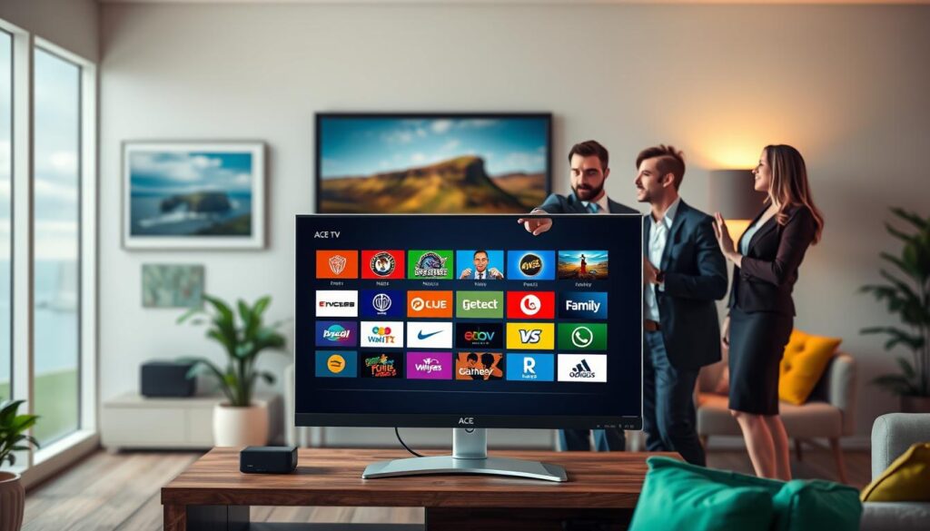 A modern, sleek digital illustration showcasing ACE TV IPTV packages tailored for Irish viewers. In the foreground, a computer screen displays a variety of vibrant IPTV channel icons, including sports, news, entertainment, and family programming. In the middle ground, a diverse group of three people dressed in professional business attire are engaged in discussion, pointing at the screen, evoking a collaborative atmosphere. The background features a stylized living room with elements of Irish culture, like a framed landscape of the Cliffs of Moher and green accents. Soft, warm lighting enhances the inviting mood, with a focus on the screen, captured from a slight angle to create depth. The colors should be rich and appealing, reflecting a modern home entertainment experience. A modern, sleek digital illustration showcasing ACE TV IPTV packages tailored for Irish viewers. In the foreground, a computer screen displays a variety of vibrant IPTV channel icons, including sports, news, entertainment, and family programming. In the middle ground, a diverse group of three people dressed in professional business attire are engaged in discussion, pointing at the screen, evoking a collaborative atmosphere. The background features a stylized living room with elements of Irish culture, like a framed landscape of the Cliffs of Moher and green accents. Soft, warm lighting enhances the inviting mood, with a focus on the screen, captured from a slight angle to create depth. The colors should be rich and appealing, reflecting a modern home entertainment experience.