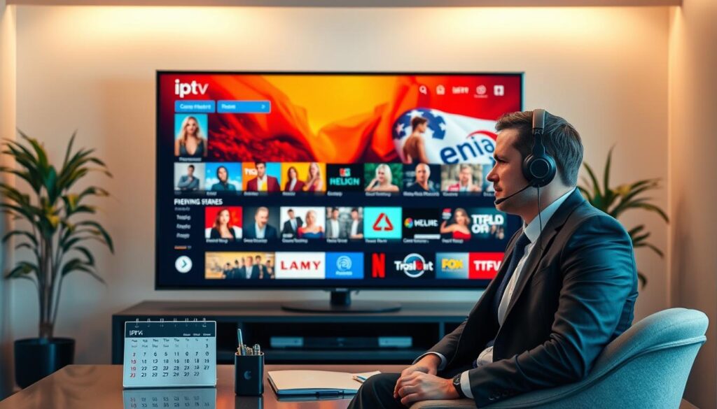 A modern, sleek digital workspace showcasing a hot IPTV app interface on a large, high-resolution monitor, prominently displaying vibrant thumbnails of popular Irish TV shows. In the foreground, a support agent dressed in smart business attire is seated, engaging with a customer via headphones, exuding confidence and professionalism. In the middle ground, a calendar and clock are visible, suggesting an ongoing trial period, with visual elements like a checklist symbolizing reliability assurance. The background features a stylish office environment with subtle lighting that creates a warm atmosphere, accentuating a sense of trust and support. The overall mood is inviting and reassuring, emphasizing the importance of customer service and trial opportunities in enjoying streaming services.