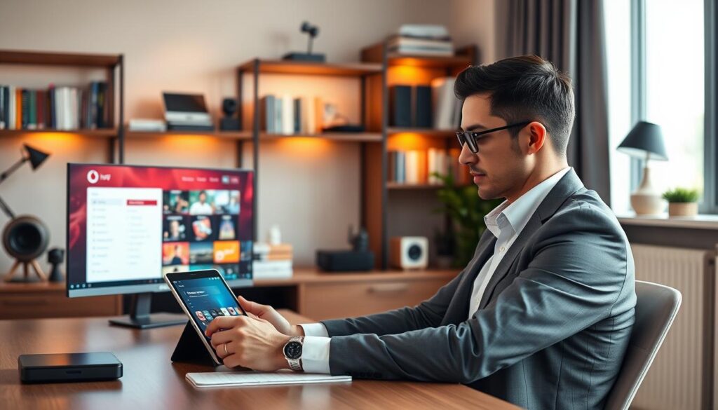 A modern, sleek home office scene focused on Vodafone IPTV account management tools. In the foreground, a professional adult in business casual attire sits at a stylish desk, intently using a tablet displaying the Vodafone IPTV app interface. The middle layer includes an eye-catching computer monitor displaying vibrant graphics of channel options and account settings. In the background, there are shelves filled with tech books and gear, softly lit by warm lamps, enhancing a cozy yet productive atmosphere. Natural light streams in through a window, highlighting the vibrant colors of the tech devices on the desk. The mood conveys efficiency and modernity, reflecting a seamless IPTV experience. A modern, sleek home office scene focused on Vodafone IPTV account management tools. In the foreground, a professional adult in business casual attire sits at a stylish desk, intently using a tablet displaying the Vodafone IPTV app interface. The middle layer includes an eye-catching computer monitor displaying vibrant graphics of channel options and account settings. In the background, there are shelves filled with tech books and gear, softly lit by warm lamps, enhancing a cozy yet productive atmosphere. Natural light streams in through a window, highlighting the vibrant colors of the tech devices on the desk. The mood conveys efficiency and modernity, reflecting a seamless IPTV experience.