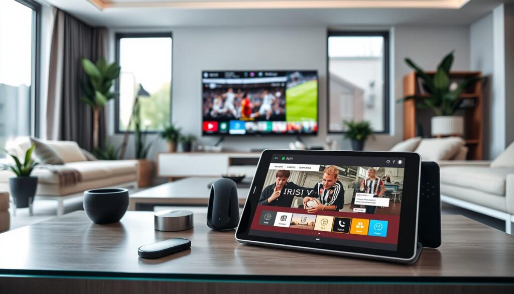 A modern, sleek living room environment showcasing a variety of devices for streaming, such as a smart TV, tablet, and smartphone, arranged elegantly on a stylish coffee table. In the foreground, a close-up of a tablet displaying an Irish TV show, emphasizing a high-resolution screen and vibrant colors. The middle ground features the smart TV, with a live sports broadcast on display, surrounded by a cozy sofa and plant accents, suggesting comfort. In the background, large windows allow natural light to flood the room, creating a warm and inviting atmosphere. The overall mood is one of accessibility and ease, under soft, diffused lighting, captured from an eye-level angle to enhance relatability and engagement with the seamless viewing experience.