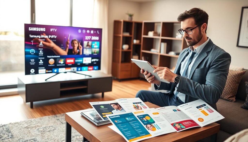 A modern, sleek living room featuring a Samsung Smart TV displaying a vibrant IPTV interface. In the foreground, a confident professional in smart casual attire, holding a tablet, analyzes IPTV service options, showcasing key metrics like pricing and trial periods. In the middle ground, a stylish coffee table holds a variety of promotional materials, highlighting different IPTV services with colorful graphics and charts. The background features a cozy bookshelf and a large window letting in warm, natural light, creating a welcoming atmosphere. The overall mood is one of informed decision-making and technology, emphasizing clarity and professionalism. The image should be well-lit and balanced, conveying an inviting yet focused environment.