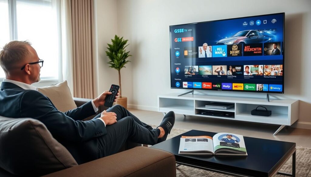 A modern, sleek living room setup with a large flat-screen TV displaying the GSE Smart IPTV interface, showcasing various streaming options. In the foreground, a person in smart casual attire is comfortably seated on a stylish couch, actively navigating the interface using a remote control, looking focused and engaged. In the middle ground, a coffee table with a guidebook and subscription details is neatly placed, inviting exploration. The background features minimalistic decor, soft lighting creating a warm, inviting atmosphere, and a subtle view of a window with natural light streaming in. The overall mood conveys user-friendly technology, support, and ease of use in a cozy home environment.