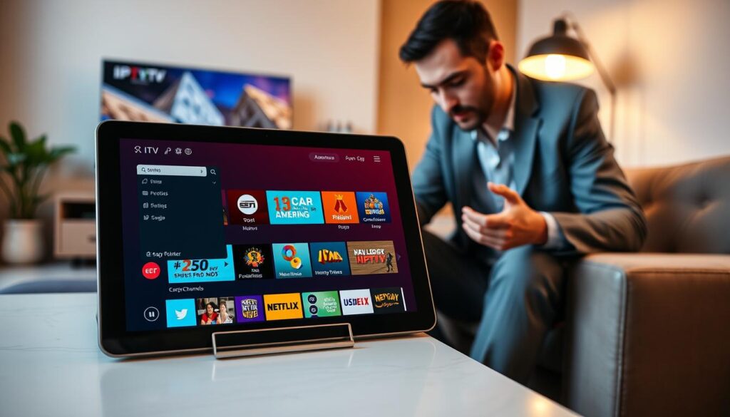 A modern, sleek net IPTV player app interface displayed on a tablet, with vivid colors and an organized layout showcasing various channels. In the foreground, the tablet is on a stylish coffee table in a cozy living room illuminated by soft, warm lighting. The background features a contemporary TV mounted on the wall, presenting a clear image of the app's user experience with various options highlighted. A casually dressed person in business attire interacts with the tablet, appearing engaged and relaxed. The atmosphere is inviting and modern, designed to reflect technology and comfort, with a focus on the IPTV service's usability and appeal. The composition is balanced, using a close-up angle to emphasize the app's features while maintaining a homely backdrop.