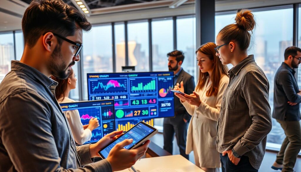 A modern, sleek office environment showcasing a team of diverse professionals collaborating on IPTV restream technology. In the foreground, a focused male technician with glasses checks a tablet, analyzing streaming data. Nearby, a female project manager reviews a large monitor displaying vibrant graphs and analytics, encapsulating stability and quality indicators. The middle ground features interactive digital displays highlighting IPTV connectivity and support systems. The background captures floor-to-ceiling windows with a cityscape, providing a bright atmosphere with natural light flooding in. The overall mood is one of innovation, teamwork, and professionalism, illuminated with soft, warm lighting that fosters a sense of reliability and efficiency.