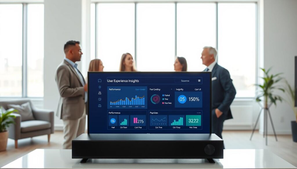 A modern, sleek user interface displayed on a high-definition IPTV player, positioned prominently in the foreground. The IPTV player screen showcases user experience insights, featuring graphs, and performance metrics, with a visually appealing color scheme. In the middle ground, a professional, diverse group of two individuals, one presenting and one observing, engaged in a discussion about user experience performance. They are dressed in business attire, with a neutral color palette that conveys professionalism. In the background, a contemporary, minimalist office setting with large windows allowing soft, natural light to illuminate the room, creating an inviting atmosphere. The overall mood is collaborative and insightful, focused on technology and user engagement. A modern, sleek user interface displayed on a high-definition IPTV player, positioned prominently in the foreground. The IPTV player screen showcases user experience insights, featuring graphs, and performance metrics, with a visually appealing color scheme. In the middle ground, a professional, diverse group of two individuals, one presenting and one observing, engaged in a discussion about user experience performance. They are dressed in business attire, with a neutral color palette that conveys professionalism. In the background, a contemporary, minimalist office setting with large windows allowing soft, natural light to illuminate the room, creating an inviting atmosphere. The overall mood is collaborative and insightful, focused on technology and user engagement.
