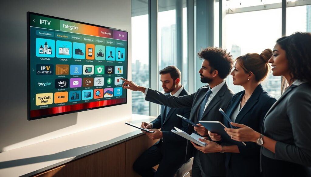 A modern, sleek workspace featuring a diverse team of professionals engaged in a discussion about IPTV options. In the foreground, a well-dressed woman in business attire points towards a digital screen showcasing various IPTV product categories. The screen displays icons and graphics of streaming devices, channels, and user interfaces, adorned with vibrant colors. The middle layer includes two colleagues, a man and a woman, taking notes on tablets, showing an atmosphere of collaboration and innovation. In the background, large windows reveal a cityscape, with natural light flooding the space, enhancing the professional ambiance. Soft shadows create a dynamic depth, while the overall mood is one of focus and clarity as they decode IPTV options systematically.
