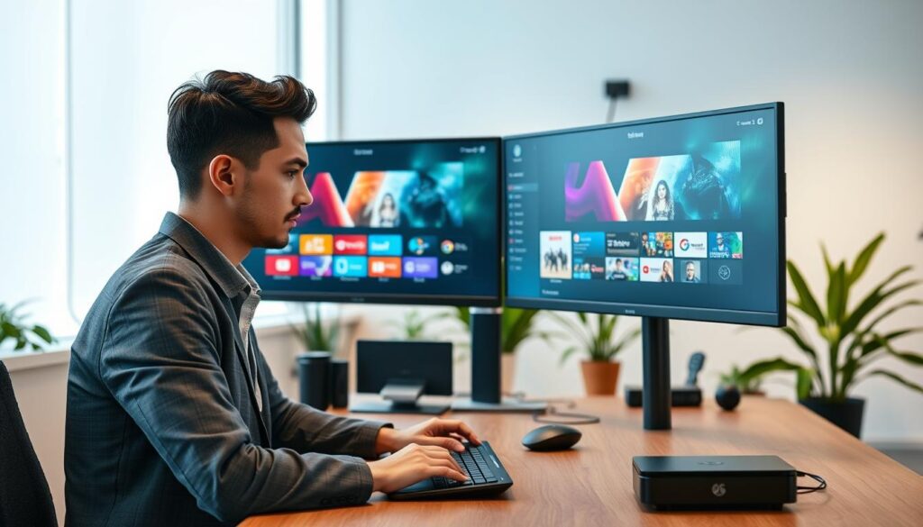A modern, sleek workspace featuring a dual-monitor setup displaying the Kodi Simple IPTV interface, showcasing advanced customization options. In the foreground, a focused individual dressed in smart casual attire types on a keyboard, immersed in their work. The middle section illustrates colorful and dynamic elements of the IPTV features on the screens, with icons and menus hinting at customization. In the background, soft lighting enhances the contemporary design of the office, highlighting plants and tech gadgets. The overall atmosphere is innovative and professional, conveying a sense of creativity and technology. The image captures the essence of customizing IPTV features, emphasizing functionality and user engagement.