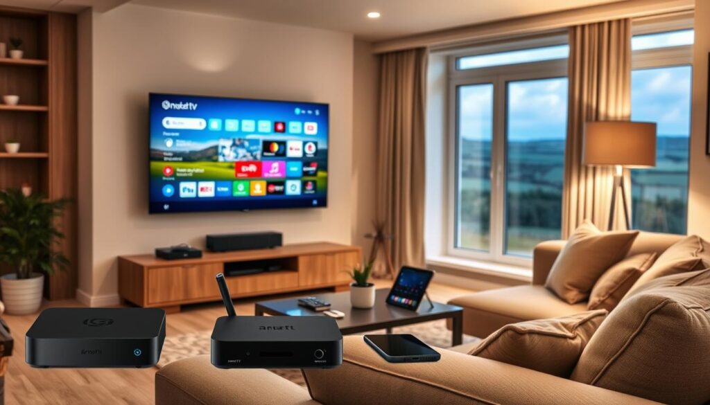 A modern, stylish living room in Ireland featuring a sleek flat-screen TV displaying an Android IPTV interface. In the foreground, showcase three recommended devices for Android IPTV: a compact streaming box, a smart TV with built-in Android capabilities, and a tablet. In the middle, include a cozy sofa adorned with cushions, a coffee table with remote controls, and a decorative plant. The background reveals a window with a scenic view of the Irish countryside, allowing natural light to flood the room, enhancing the ambiance. Use a warm color palette to create a welcoming atmosphere, and apply soft lighting to evoke a relaxing evening setting. No text or branding elements in the image.