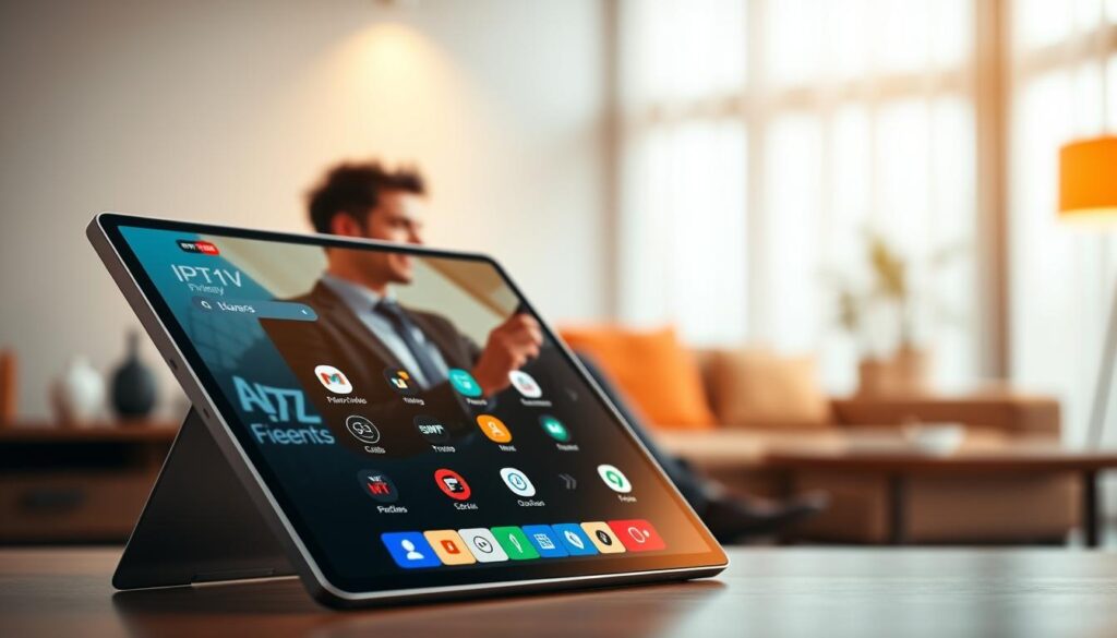 A modern user interface design for an IPTV application displayed on a sleek, high-resolution tablet. In the foreground, the tablet is angled slightly, showcasing a vibrant, user-friendly home screen with interactive icons and easy navigation menus designed for a seamless user experience. The middle layer features a blurred background of a cozy living room setup, with a stylish sofa and soft lighting creating an inviting atmosphere. A professional user, dressed in smart casual attire, is seated comfortably, engaged with the interface, highlighting the intuitive design. The scene is illuminated with warm, soft light, enhancing the contemporary feel while maintaining focus on the IPTV screen, captured with a shallow depth of field to emphasize the technology and user interaction. A modern user interface design for an IPTV application displayed on a sleek, high-resolution tablet. In the foreground, the tablet is angled slightly, showcasing a vibrant, user-friendly home screen with interactive icons and easy navigation menus designed for a seamless user experience. The middle layer features a blurred background of a cozy living room setup, with a stylish sofa and soft lighting creating an inviting atmosphere. A professional user, dressed in smart casual attire, is seated comfortably, engaged with the interface, highlighting the intuitive design. The scene is illuminated with warm, soft light, enhancing the contemporary feel while maintaining focus on the IPTV screen, captured with a shallow depth of field to emphasize the technology and user interaction.