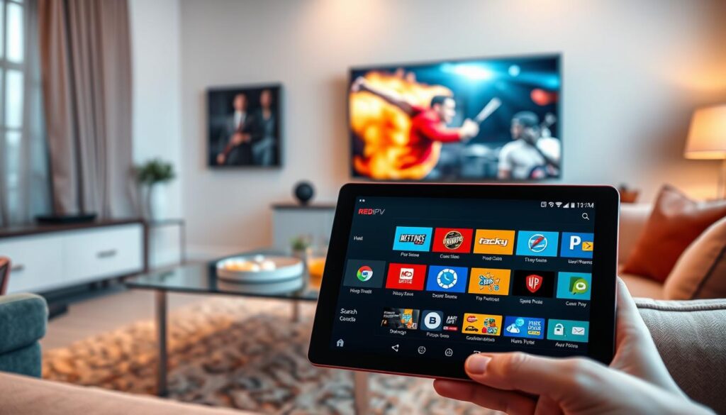 A modern, user-interface design of the Red IPTV app displayed on a sleek tablet in a cozy, contemporary living room setting in Ireland. In the foreground, focus on the tablet showcasing vibrant icons representing various TV channels, video streaming, and user features like search and recommendations. The middle-ground features a stylish coffee table with a remote control and snacks, evoking a relaxed viewing atmosphere. In the background, a large flat-screen TV is mounted on a wall, depicting a colorful action scene from a TV show. Soft, warm lighting creates a welcoming mood, highlighting the app's visual appeal. The image should be framed to emphasize the tablet's screen while providing a comfortable home environment, suggesting ease of use and entertainment. A modern, user-interface design of the Red IPTV app displayed on a sleek tablet in a cozy, contemporary living room setting in Ireland. In the foreground, focus on the tablet showcasing vibrant icons representing various TV channels, video streaming, and user features like search and recommendations. The middle-ground features a stylish coffee table with a remote control and snacks, evoking a relaxed viewing atmosphere. In the background, a large flat-screen TV is mounted on a wall, depicting a colorful action scene from a TV show. Soft, warm lighting creates a welcoming mood, highlighting the app's visual appeal. The image should be framed to emphasize the tablet's screen while providing a comfortable home environment, suggesting ease of use and entertainment.