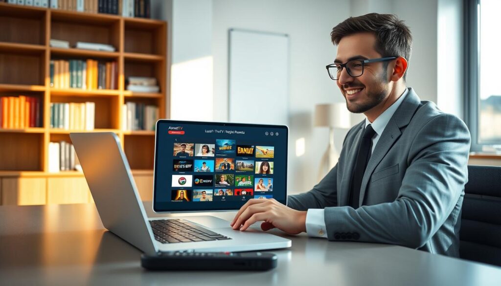 A modern workspace featuring a sleek laptop displaying a user-friendly interface of "AnumeTV: Trusted IPTV Romania" with vibrant thumbnails of legal TV channels. In the foreground, a professional individual, dressed in smart business attire, smiles while exploring content on the laptop. The middle ground showcases a neatly organized desk with IPTV-related paraphernalia—such as a remote control and a notepad for taking notes—illuminated by warm natural light coming through a nearby window. In the background, a stylish bookshelf filled with books about technology and media adds depth, creating an inviting and contemporary atmosphere. The overall mood is one of reliability and professionalism, evoking trust in the IPTV service being presented. A modern workspace featuring a sleek laptop displaying a user-friendly interface of "AnumeTV: Trusted IPTV Romania" with vibrant thumbnails of legal TV channels. In the foreground, a professional individual, dressed in smart business attire, smiles while exploring content on the laptop. The middle ground showcases a neatly organized desk with IPTV-related paraphernalia—such as a remote control and a notepad for taking notes—illuminated by warm natural light coming through a nearby window. In the background, a stylish bookshelf filled with books about technology and media adds depth, creating an inviting and contemporary atmosphere. The overall mood is one of reliability and professionalism, evoking trust in the IPTV service being presented.