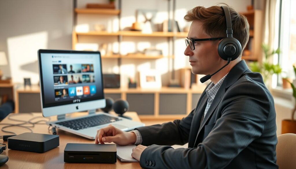 A modern workspace featuring a sleek laptop displaying an IPTV interface on the screen, surrounded by various tech gadgets like a streaming device and a high-quality headset. In the foreground, a person in professional business attire, intently evaluating the IPTV service, with a thoughtful expression and a notepad beside them, jotting down insights. The middle layer includes soft ambient lighting to create a warm and inviting atmosphere, with natural sunlight streaming through a window. In the background, shelves filled with books and decorative items suggest a cozy yet professional environment. The overall mood is one of focus and enthusiasm, highlighting the review process of My Pro IPTV. A modern workspace featuring a sleek laptop displaying an IPTV interface on the screen, surrounded by various tech gadgets like a streaming device and a high-quality headset. In the foreground, a person in professional business attire, intently evaluating the IPTV service, with a thoughtful expression and a notepad beside them, jotting down insights. The middle layer includes soft ambient lighting to create a warm and inviting atmosphere, with natural sunlight streaming through a window. In the background, shelves filled with books and decorative items suggest a cozy yet professional environment. The overall mood is one of focus and enthusiasm, highlighting the review process of My Pro IPTV.