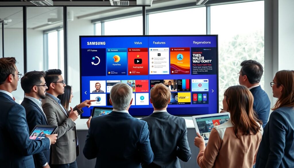 A modern workspace showcasing a large Samsung Smart TV displaying a split-screen comparison of various IPTV app interfaces. In the foreground, a diverse group of professionals in business attire discusses the features and user experience, with one person pointing at the screen. The middle ground features sleek tablet devices displaying screenshots of IPTV apps, highlighting different user interfaces and features. The background reveals a contemporary office setting with a large window allowing soft, natural light to illuminate the scene, creating a focused and analytical atmosphere. The overall mood conveys professionalism and collaboration, emphasizing the importance of comparing technology options. The image is captured with a slightly elevated angle, ensuring clarity of both the TV display and the engaged participants.