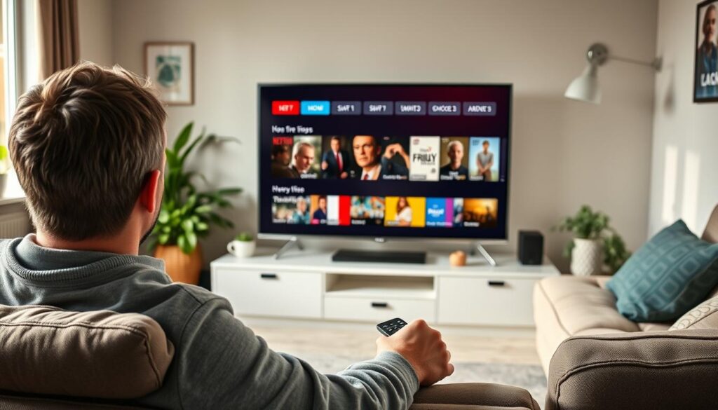 A person sitting comfortably on a modern couch in a cozy Irish living room, engaged with the Red IPTV app on a large flat-screen TV. In the foreground, a sleek remote control lies on the coffee table, while the middle layer shows the TV displaying the app interface, with vibrant thumbnails of shows and movies. The background features Irish décor, including green plants and subtle Celtic patterns, enhancing the local atmosphere. Soft, natural lighting filters through a window, creating a warm, inviting space. The overall mood is relaxed and tech-savvy, emphasizing user experience and performance, with an emphasis on clarity and ease of navigation in the app interface. A person sitting comfortably on a modern couch in a cozy Irish living room, engaged with the Red IPTV app on a large flat-screen TV. In the foreground, a sleek remote control lies on the coffee table, while the middle layer shows the TV displaying the app interface, with vibrant thumbnails of shows and movies. The background features Irish décor, including green plants and subtle Celtic patterns, enhancing the local atmosphere. Soft, natural lighting filters through a window, creating a warm, inviting space. The overall mood is relaxed and tech-savvy, emphasizing user experience and performance, with an emphasis on clarity and ease of navigation in the app interface.
