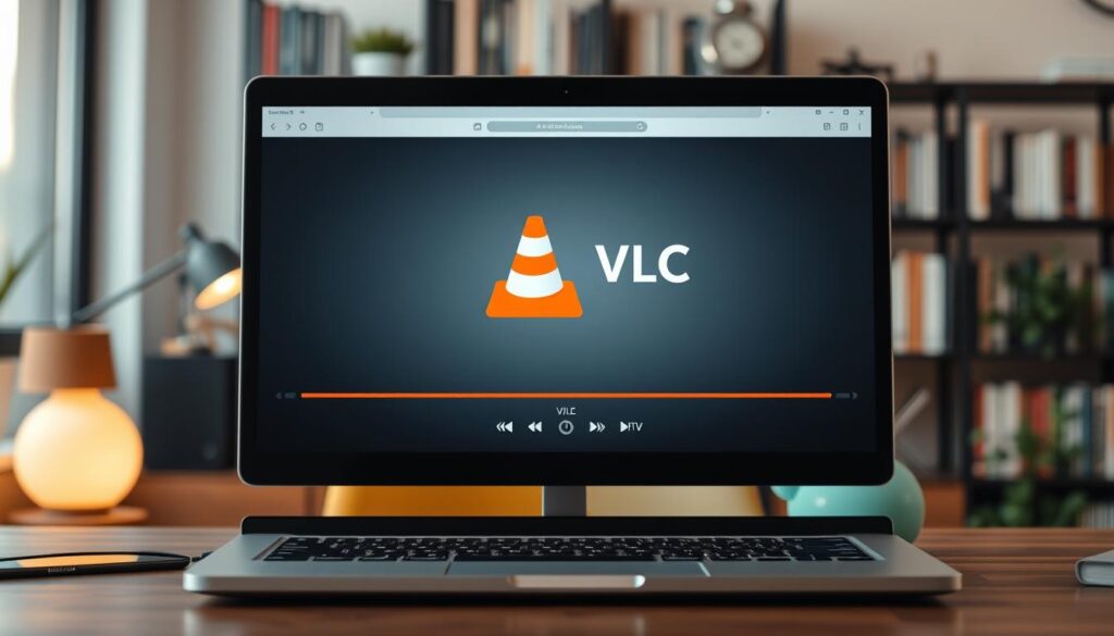 A professional and sleek depiction of the VLC Media Player interface prominently displayed on a modern MacBook screen, set against a stylish home office background. In the foreground, focus on the VLC icon and playback controls, showcasing its multifunctional design particularly suited for IPTV streaming. The middle ground features a comfortable workspace with warm ambient lighting, a wooden desk, and a cozy chair. In the background, a subtle blur reveals a bookshelf filled with tech and media books. Capture the scene from a slight angle to create depth, using soft, natural light to enhance the atmosphere of reliability and simplicity, embodying an inviting and productive environment. No text or overlays present.