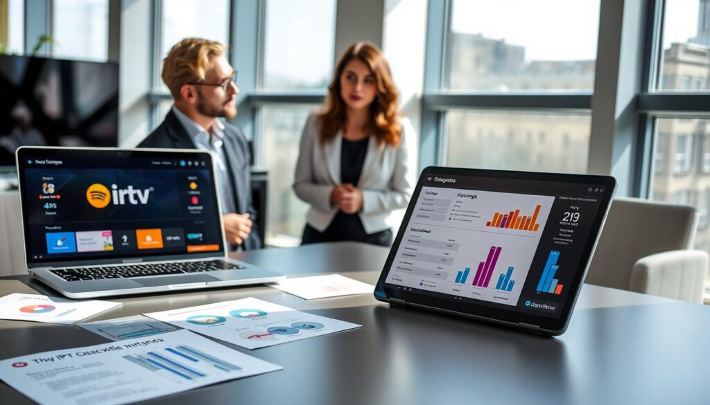 A professional comparison scene showcasing the top IPTV providers in Ireland for 2026. In the foreground, a sleek, modern table displays a laptop and a tablet showing IPTV interfaces, each provider's logo visible. Surrounding the devices, charts and graphs on paper highlight features like pricing, channel selection, and user reviews. In the middle ground, three diverse professionals in business attire—two men and one woman—are engaged in discussion, their expressions focused and analytical. They represent different demographics, emphasizing collaboration and exchange of ideas. The background features a bright, modern office space with large windows bringing in natural daylight, casting soft shadows. The atmosphere is one of innovation and professionalism, ideal for decision-making about IPTV services.