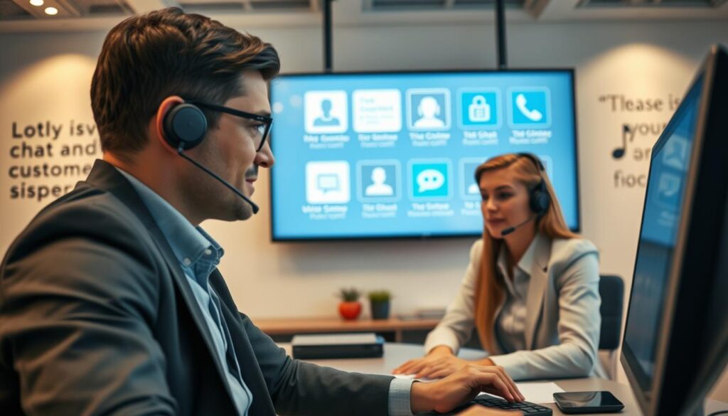 A professional customer support representative in a sleek, modern office environment, wearing business attire, attentively assisting a client via computer. In the foreground, the representative is engaged in conversation, reflecting empathy and understanding. The middle ground features a large screen displaying various communication channels like live chat and phone support icons, symbolizing service reliability. The background showcases a warm, inviting office space with soft lighting and motivational quotes on the wall, creating a comforting atmosphere. The image captures a sense of trust and professionalism, emphasizing the importance of customer support. The lens perspective is slightly elevated, allowing for a clear view of both the representative and the supporting elements, creating a cohesive and inspiring scene. A professional customer support representative in a sleek, modern office environment, wearing business attire, attentively assisting a client via computer. In the foreground, the representative is engaged in conversation, reflecting empathy and understanding. The middle ground features a large screen displaying various communication channels like live chat and phone support icons, symbolizing service reliability. The background showcases a warm, inviting office space with soft lighting and motivational quotes on the wall, creating a comforting atmosphere. The image captures a sense of trust and professionalism, emphasizing the importance of customer support. The lens perspective is slightly elevated, allowing for a clear view of both the representative and the supporting elements, creating a cohesive and inspiring scene.