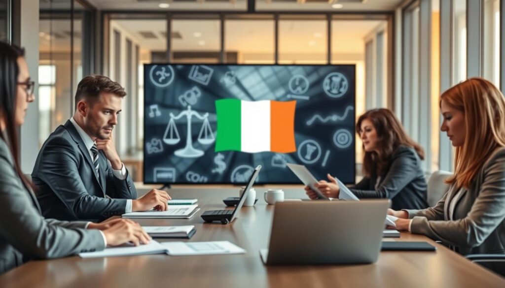 A professional, modern office scene focused on legal considerations for IPTV services in Ireland. In the foreground, a diverse group of individuals in business attire are gathered around a conference table, analyzing documents and laptops with a serious expression, showcasing collaboration. The middle ground features a large digital screen displaying legal icons such as scales, documents, and the Irish flag subtly blended into the background imagery. The background reveals a sleek office environment with large windows allowing warm, natural light to fill the space, creating an inviting yet professional atmosphere. Emphasize clarity and focus, with a slight depth of field effect, ensuring the legal elements are prominent while maintaining a corporate vibe. The overall mood is serious, indicative of important discussions surrounding IPTV regulations. A professional, modern office scene focused on legal considerations for IPTV services in Ireland. In the foreground, a diverse group of individuals in business attire are gathered around a conference table, analyzing documents and laptops with a serious expression, showcasing collaboration. The middle ground features a large digital screen displaying legal icons such as scales, documents, and the Irish flag subtly blended into the background imagery. The background reveals a sleek office environment with large windows allowing warm, natural light to fill the space, creating an inviting yet professional atmosphere. Emphasize clarity and focus, with a slight depth of field effect, ensuring the legal elements are prominent while maintaining a corporate vibe. The overall mood is serious, indicative of important discussions surrounding IPTV regulations.