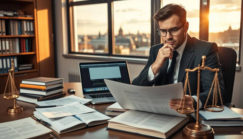 A professional office environment that conveys the legal aspects of IPTV in Ireland. In the foreground, a confident legal professional in smart business attire is studying documents related to IPTV regulations, with a thoughtful expression. The middle ground features a desk cluttered with legal books, a laptop displaying a timeline of IPTV legislation, and a scale of justice symbolizing fairness and compliance. In the background, a window reveals a view of Dublin's iconic skyline, bathed in warm afternoon light, lending a sense of optimism and clarity. The atmosphere is serious yet approachable, encouraging trust and knowledge in the topic of IPTV legality. The composition is balanced, with a focus on the legal professional and the surrounding materials, using a slightly elevated camera angle for depth.