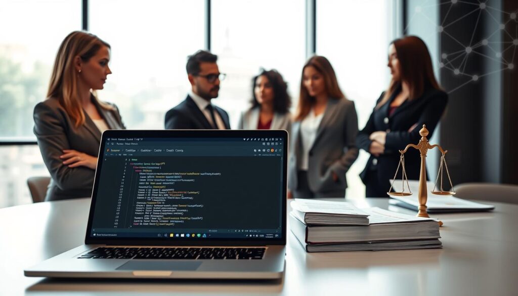 A professional office setting showcasing a sleek desk with a laptop open to a GitHub page displaying IPTV code. In the foreground, a diverse group of three professionals (a Caucasian woman, a Black man, and an Asian woman) are engaged in discussion, each dressed in smart business attire, with a focus on collaboration. The middle ground features legal documents and ethical guidelines prominently displayed, symbolizing the need for compliance in technology. The background contains a large window with soft, natural lighting filtering in, creating a bright and inviting atmosphere. A subtle graphic overlay of scales of justice and a digital network pattern can be seen faintly in the background, emphasizing the legal and ethical considerations in technology. The mood is serious yet constructive, reflecting a dedicated approach to IPTV legality. A professional office setting showcasing a sleek desk with a laptop open to a GitHub page displaying IPTV code. In the foreground, a diverse group of three professionals (a Caucasian woman, a Black man, and an Asian woman) are engaged in discussion, each dressed in smart business attire, with a focus on collaboration. The middle ground features legal documents and ethical guidelines prominently displayed, symbolizing the need for compliance in technology. The background contains a large window with soft, natural lighting filtering in, creating a bright and inviting atmosphere. A subtle graphic overlay of scales of justice and a digital network pattern can be seen faintly in the background, emphasizing the legal and ethical considerations in technology. The mood is serious yet constructive, reflecting a dedicated approach to IPTV legality.