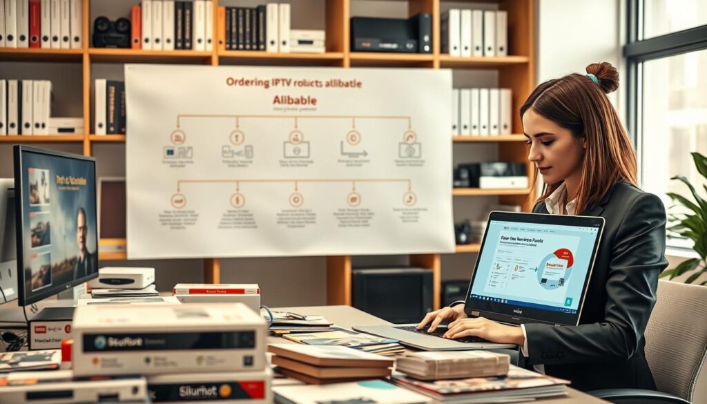 A professional office setting with a desk cluttered with various IPTV product boxes and brochures. In the foreground, a businesswoman in professional attire, focused intently on a laptop screen displaying an online ordering interface for IPTV products. In the middle ground, a large, clear flowchart on the wall outlines the steps for ordering IPTV products through Alibaba, featuring icons for each stage. The background shows a bookshelf filled with technology reference books and equipment, illuminated by soft, natural light coming through a window. The mood is informative and organized, highlighting a step-by-step procedure in a modern, sleek environment. The camera angle is slightly elevated to provide a clear view of the components, emphasizing clarity and professionalism.