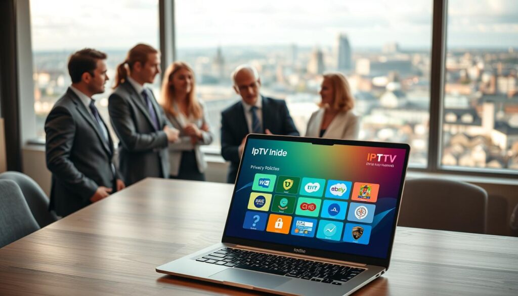 A professional office space showcasing an IPTV streaming solution tailored for Irish viewers. In the foreground, a sleek, modern laptop displays a vibrant user interface of the IPTV guide app, surrounded by digital icons representing various Irish channels. In the middle ground, a diverse group of professionals in business attire discusses data security measures, highlighting privacy policies with focused expressions. Behind them, large windows reveal a panoramic view of a city skyline with Irish landmarks, bathed in soft, warm afternoon light. The atmosphere is collaborative, conveying a sense of trust and security, while using a slight depth of field to emphasize the foreground elements.
