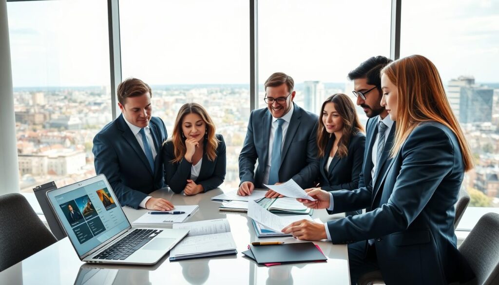 A professional setting depicting a diverse group of individuals in smart business attire gathered around a modern conference table, analyzing documents and digital devices related to IPTV services. In the foreground, a laptop displays a user-friendly interface of IPTV options while a notepad is filled with notes and comparisons. In the middle, the group engages in discussion, showcasing expressions of concentration and determination. The background features a large window with a view of a bustling Dublin cityscape, suggesting an urban vibrancy. Soft, natural lighting filters through the window, enhancing the serious yet optimistic atmosphere of making informed decisions. The composition captures the essence of professionalism and the importance of choosing a reliable IPTV provider in Ireland, evoking a sense of clarity and confidence in the decision-making process. A professional setting depicting a diverse group of individuals in smart business attire gathered around a modern conference table, analyzing documents and digital devices related to IPTV services. In the foreground, a laptop displays a user-friendly interface of IPTV options while a notepad is filled with notes and comparisons. In the middle, the group engages in discussion, showcasing expressions of concentration and determination. The background features a large window with a view of a bustling Dublin cityscape, suggesting an urban vibrancy. Soft, natural lighting filters through the window, enhancing the serious yet optimistic atmosphere of making informed decisions. The composition captures the essence of professionalism and the importance of choosing a reliable IPTV provider in Ireland, evoking a sense of clarity and confidence in the decision-making process.