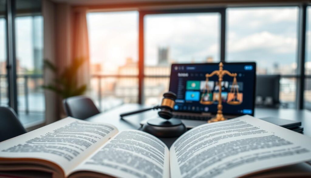 A professional setting focusing on the legal considerations of IPTV in Ireland. In the foreground, an open law book with clearly visible legal texts and documents, symbolizing the legal framework. In the middle ground, a modern office desk featuring a laptop displaying streaming options, along with a gavel and scales of justice, conveying the legal aspect of IPTV. The background features a blurred view of the Dublin skyline, hinting at Ireland's urban landscape. Soft, natural lighting pours in from a large window, creating an inviting atmosphere. The image conveys a sense of seriousness and professionalism, ideal for discussing legal implications. The lens should have a shallow depth of field to emphasize the foreground elements while softly blurring the background. A sense of balance and order should permeate the composition, reflecting the importance of lawful IPTV service.