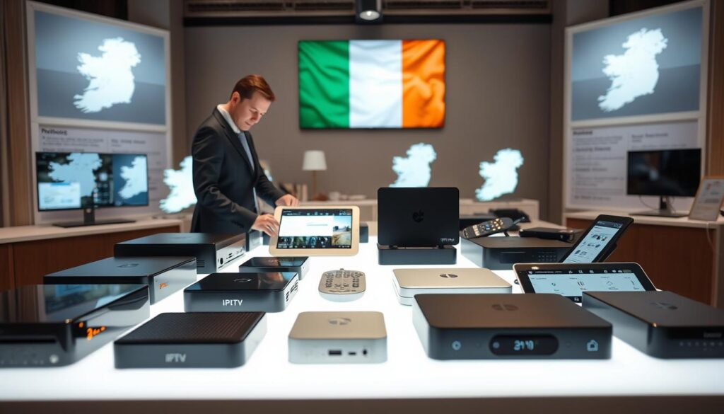 A professional setting showcasing a well-organized display of IPTV products designed for the Irish market. In the foreground, a person in smart business attire closely examines a variety of IPTV devices and streaming boxes on a sleek table, illuminated by soft white lighting for clarity. In the middle ground, there are product descriptions and features displayed on modern tablets, hinting at their capabilities. The background should feature an Irish flag and maps of Ireland subtly integrated, providing context and a sense of locality. The atmosphere is informative and engaging, conveying a sense of professionalism and trust. The image uses a slightly angled perspective emphasizing the products, ensuring a balanced composition that draws the viewer’s attention to the IPTV selections.