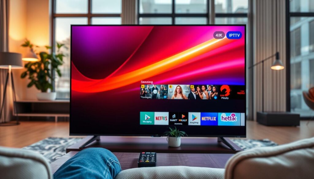 A sleek Samsung 4K TV prominently displayed in a modern living room environment, showcasing an IPTV app interface. The foreground features the TV screen displaying vibrant streaming content in 4K quality, highlighting vivid colors and sharp details. The middle ground includes a stylish coffee table with a remote control and a decorative plant, enhancing the cozy atmosphere. In the background, soft, warm lighting emanates from floor lamps and natural light filtering through large windows, creating an inviting ambiance. The overall mood is relaxed and contemporary, reflecting a technology-savvy lifestyle. The angle captures the viewer's perspective as if they are enjoying a binge-watching session, emphasizing clarity and quality of the IPTV service on the Samsung TV. A sleek Samsung 4K TV prominently displayed in a modern living room environment, showcasing an IPTV app interface. The foreground features the TV screen displaying vibrant streaming content in 4K quality, highlighting vivid colors and sharp details. The middle ground includes a stylish coffee table with a remote control and a decorative plant, enhancing the cozy atmosphere. In the background, soft, warm lighting emanates from floor lamps and natural light filtering through large windows, creating an inviting ambiance. The overall mood is relaxed and contemporary, reflecting a technology-savvy lifestyle. The angle captures the viewer's perspective as if they are enjoying a binge-watching session, emphasizing clarity and quality of the IPTV service on the Samsung TV.