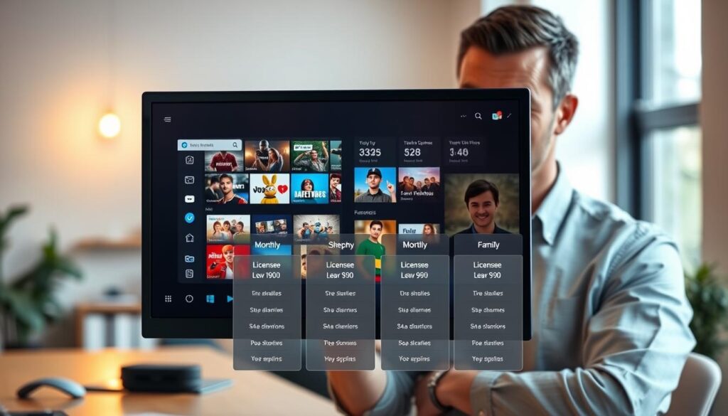 A sleek and modern IPTV player interface displayed on a Windows desktop, surrounded by various licensing and pricing option tiles. In the foreground, the IPTV player features a vibrant, user-friendly dashboard showcasing live streaming channels. The middle ground includes detailed pricing tables with clear labels and enticing options for subscribers, including monthly, yearly, and family plans. The background consists of a soft-focus office setting with a warm ambiance, illuminated by natural light streaming through a window. A professional individual in business casual attire studies the options on the screen, exuding a sense of reliability and expertise. The overall atmosphere is informative and inviting, emphasizing clarity and trust in the IPTV service's offerings. A sleek and modern IPTV player interface displayed on a Windows desktop, surrounded by various licensing and pricing option tiles. In the foreground, the IPTV player features a vibrant, user-friendly dashboard showcasing live streaming channels. The middle ground includes detailed pricing tables with clear labels and enticing options for subscribers, including monthly, yearly, and family plans. The background consists of a soft-focus office setting with a warm ambiance, illuminated by natural light streaming through a window. A professional individual in business casual attire studies the options on the screen, exuding a sense of reliability and expertise. The overall atmosphere is informative and inviting, emphasizing clarity and trust in the IPTV service's offerings.