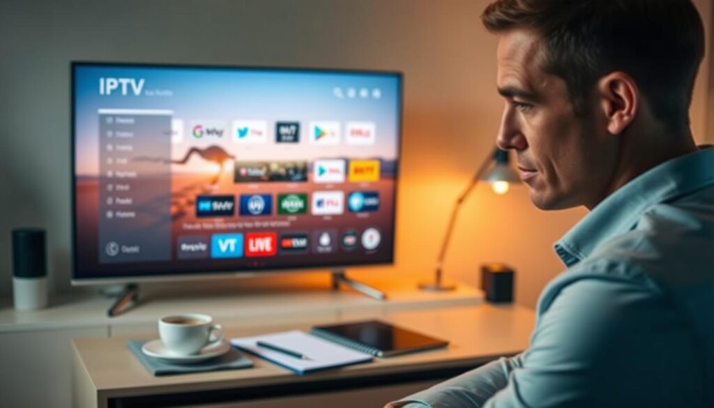 A sleek and modern IPTV player interface displayed on a high-resolution screen, showcasing features like a user-friendly navigation bar and options for streaming content, surrounded by symbols representing various streaming services. In the foreground, a well-dressed professional, slightly turned, is examining the interface with a thoughtful expression, capturing the essence of technology and usability. The middle ground features a stylish, minimalist desk with a notepad and a cup of coffee, creating a relaxed, productive atmosphere. The background is softly blurred, hinting at a contemporary home office environment with warm lighting. The overall mood is informative and professional, emphasizing the essential features of an IPTV player for the Irish market in 2026. A sleek and modern IPTV player interface displayed on a high-resolution screen, showcasing features like a user-friendly navigation bar and options for streaming content, surrounded by symbols representing various streaming services. In the foreground, a well-dressed professional, slightly turned, is examining the interface with a thoughtful expression, capturing the essence of technology and usability. The middle ground features a stylish, minimalist desk with a notepad and a cup of coffee, creating a relaxed, productive atmosphere. The background is softly blurred, hinting at a contemporary home office environment with warm lighting. The overall mood is informative and professional, emphasizing the essential features of an IPTV player for the Irish market in 2026.
