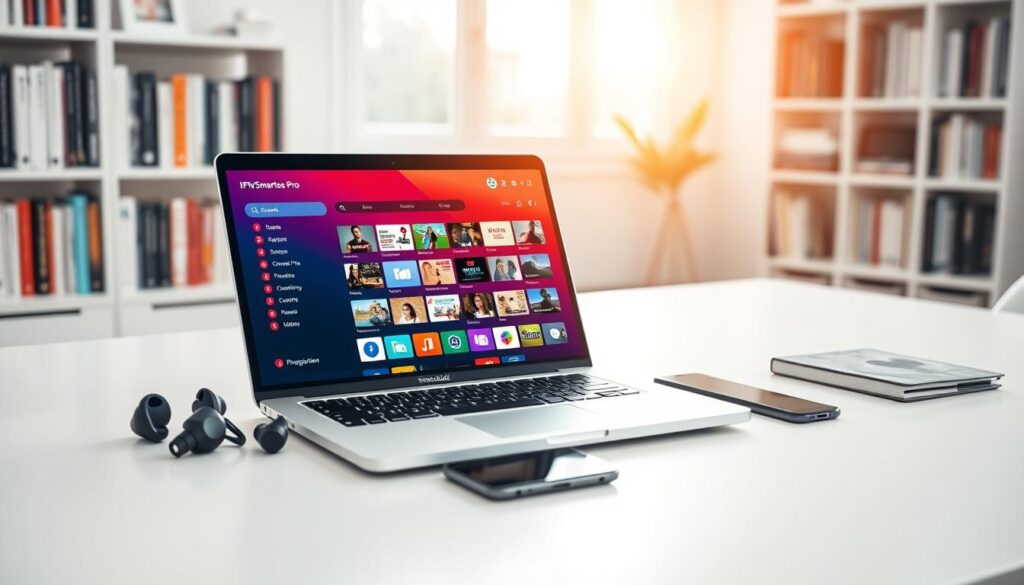 A sleek and modern MacBook is prominently displayed on a clean minimalist desk. The screen showcases the IPTV Smarters Pro interface, highlighting its user-friendly features like a vibrant channel list, an easy-to-navigate menu, and a search bar, all rendered in vivid colors. Surrounding the laptop, there are sleek tech gadgets, such as wireless earbuds and a smartphone, emphasizing a contemporary tech environment. Soft, natural lighting streams in from a window, casting a warm glow across the image, evoking a sense of reliability and simplicity. The background features a blurred bookshelf filled with books and tech magazines, adding depth while keeping the focus on the MacBook and its application. The atmosphere is inviting, suggesting a comfortable and efficient workspace for Mac users exploring IPTV solutions.