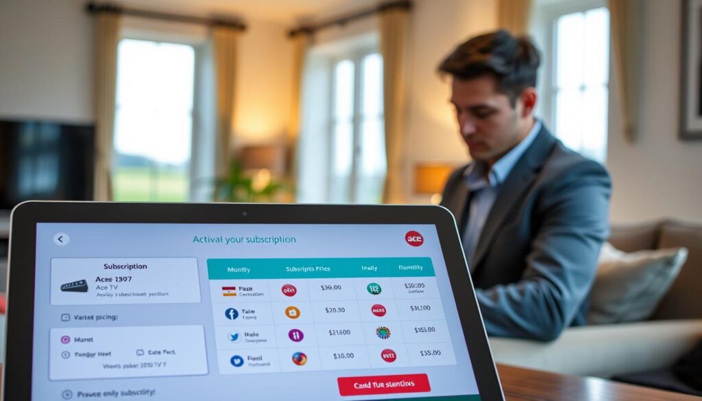 A sleek and modern digital interface showcasing the subscription pricing and activation process for ace tv IPTV, tailored for Irish viewers in 2026. In the foreground, display an elegant tablet screen featuring various subscription options, prominently showcasing a monthly pricing card with visually appealing icons. In the middle, a professional individual in smart casual clothing, focused and engaged, seems to be activating their subscription. The background reveals a stylish home environment, with soft lighting creating a warm and inviting atmosphere. A hint of an Irish landscape can be seen through a window, enhancing the localized theme. The composition is clean and organized, inviting viewers to explore the user experience seamlessly. A sleek and modern digital interface showcasing the subscription pricing and activation process for ace tv IPTV, tailored for Irish viewers in 2026. In the foreground, display an elegant tablet screen featuring various subscription options, prominently showcasing a monthly pricing card with visually appealing icons. In the middle, a professional individual in smart casual clothing, focused and engaged, seems to be activating their subscription. The background reveals a stylish home environment, with soft lighting creating a warm and inviting atmosphere. A hint of an Irish landscape can be seen through a window, enhancing the localized theme. The composition is clean and organized, inviting viewers to explore the user experience seamlessly.