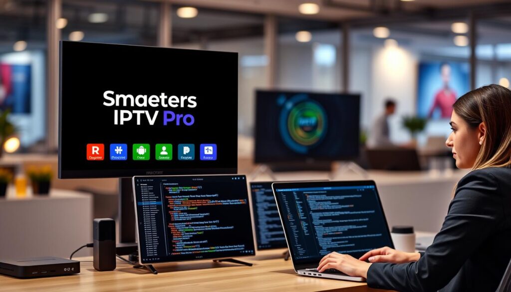 A sleek and modern digital workspace featuring a computer screen displaying the Smarters IPTV Pro logo along with colorful graphics symbolizing updates and bug fixes. In the foreground, there is a professional woman in business attire, thoughtfully reviewing lines of code on her laptop, representing developer support. In the middle, various devices like a smart TV and a smartphone showcase the IPTV app interface, illustrating user-friendly functionality. The background is softly blurred, depicting a contemporary office environment with ambient lighting enhancing the tech-savvy mood. The overall atmosphere conveys a sense of focus and innovation, perfect for showcasing updates and support in the digital content realm. A sleek and modern digital workspace featuring a computer screen displaying the Smarters IPTV Pro logo along with colorful graphics symbolizing updates and bug fixes. In the foreground, there is a professional woman in business attire, thoughtfully reviewing lines of code on her laptop, representing developer support. In the middle, various devices like a smart TV and a smartphone showcase the IPTV app interface, illustrating user-friendly functionality. The background is softly blurred, depicting a contemporary office environment with ambient lighting enhancing the tech-savvy mood. The overall atmosphere conveys a sense of focus and innovation, perfect for showcasing updates and support in the digital content realm.