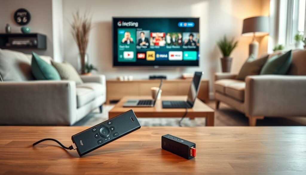 A sleek and modern living room setting featuring a TV displaying IPTV services specifically for a Firestick device, positioned prominently in the foreground. The Firestick is plugged into the television, surrounded by a cozy couch and stylish decor that reflects Irish culture, such as subtle hints of green and traditional motifs. In the middle ground, include a coffee table with an open laptop and a remote control for easy access to IPTV apps. The background is softly illuminated with natural light filtering through a window, creating a warm and inviting atmosphere. Use a slightly tilted angle to enhance the dynamic feel of the scene, emphasizing the compatibility of IPTV services with Firestick in an elegant Irish home environment. A sleek and modern living room setting featuring a TV displaying IPTV services specifically for a Firestick device, positioned prominently in the foreground. The Firestick is plugged into the television, surrounded by a cozy couch and stylish decor that reflects Irish culture, such as subtle hints of green and traditional motifs. In the middle ground, include a coffee table with an open laptop and a remote control for easy access to IPTV apps. The background is softly illuminated with natural light filtering through a window, creating a warm and inviting atmosphere. Use a slightly tilted angle to enhance the dynamic feel of the scene, emphasizing the compatibility of IPTV services with Firestick in an elegant Irish home environment.