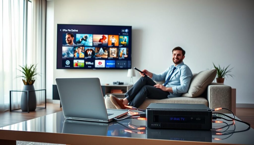 A sleek and modern living room setting is depicted in the foreground, featuring a stylish flat-screen TV displaying various IPTV streaming options in vivid colors. A professional-looking person in smart casual attire, casually holding a remote, is seated on a comfortable couch, radiating satisfaction and engagement. In the middle ground, a sleek coffee table holds a laptop connected to a powerful digital device symbolizing IPTV restreaming technology, with illuminated cables subtly added for effect. The background shows a well-lit, contemporary decor with large windows and soft natural light flooding in, suggesting a cozy yet high-tech atmosphere. The overall mood is inviting and optimistic, emphasizing the convenience and enjoyment of IPTV restream services tailored for Ireland.