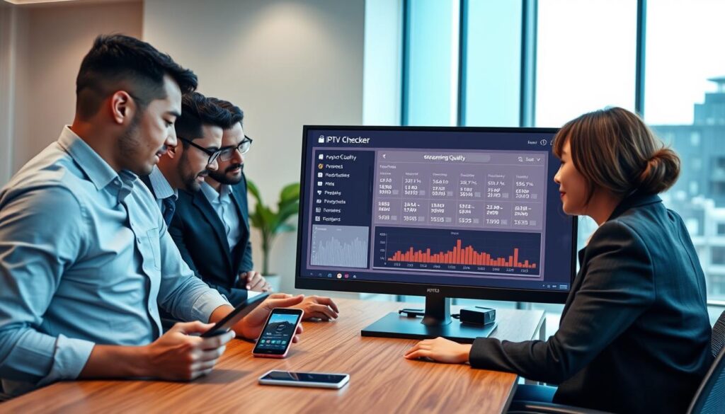 A sleek and modern office setting with a focus on a high-tech computer monitor displaying an IPTV checker interface. In the foreground, a diverse group of three professionals (two men and one woman) in business attire, intensely analyzing the streaming quality data on the screen. The middle ground features a stylish desk with advanced gadgets, like a smartphone and a tablet, showcasing statistics and graphs related to streaming performance. In the background, a large window lets in soft, natural light, enhancing the professional atmosphere. Use a slight depth of field to keep the focus on the monitor and the faces of the professionals. The mood is serious yet collaborative, emphasizing the importance of verifying streaming quality before choosing a service.