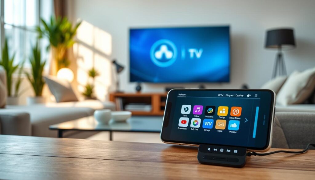 A sleek and modern smartphone showcasing notable IPTV player interfaces for Android in 2026, focused in the foreground. The screen displays vibrant app icons symbolizing top IPTV players; each icon is colorful and distinct. In the middle ground, a stylish coffee table and a cozy living room setup with a contemporary sofa, soft lighting, and decorative plants, creating a warm and inviting atmosphere. In the background, a blurred television screen showing a streaming service logo enhances the theme of digital entertainment. Natural light filters through a window, providing an inviting mood. The scene is arranged at a slight angle to capture both the smartphone and the cozy environment, emphasizing the integration of technology in everyday life. A sleek and modern smartphone showcasing notable IPTV player interfaces for Android in 2026, focused in the foreground. The screen displays vibrant app icons symbolizing top IPTV players; each icon is colorful and distinct. In the middle ground, a stylish coffee table and a cozy living room setup with a contemporary sofa, soft lighting, and decorative plants, creating a warm and inviting atmosphere. In the background, a blurred television screen showing a streaming service logo enhances the theme of digital entertainment. Natural light filters through a window, providing an inviting mood. The scene is arranged at a slight angle to capture both the smartphone and the cozy environment, emphasizing the integration of technology in everyday life.